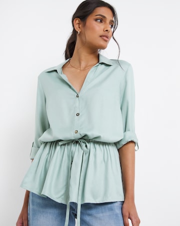 Misty Blue Three Quarter Sleeve Viscose Twill Drawstring Shirt