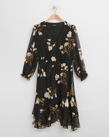 Black Floral Wrap Hi-Lo Midi Dress