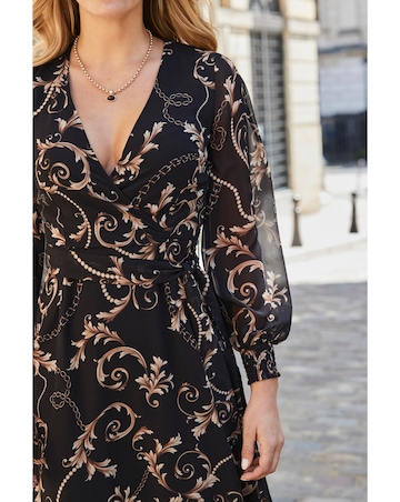 Sosandar Boroque Frill Hem Shirred Cuff Sleeve Wrap Dress