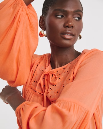 Textured Crinkle Broderie Yoke Trim Blouson Sleeve Blouse