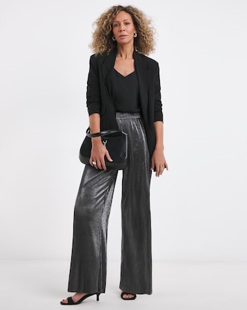 Silver Metallic Plisse Wide Leg Trousers