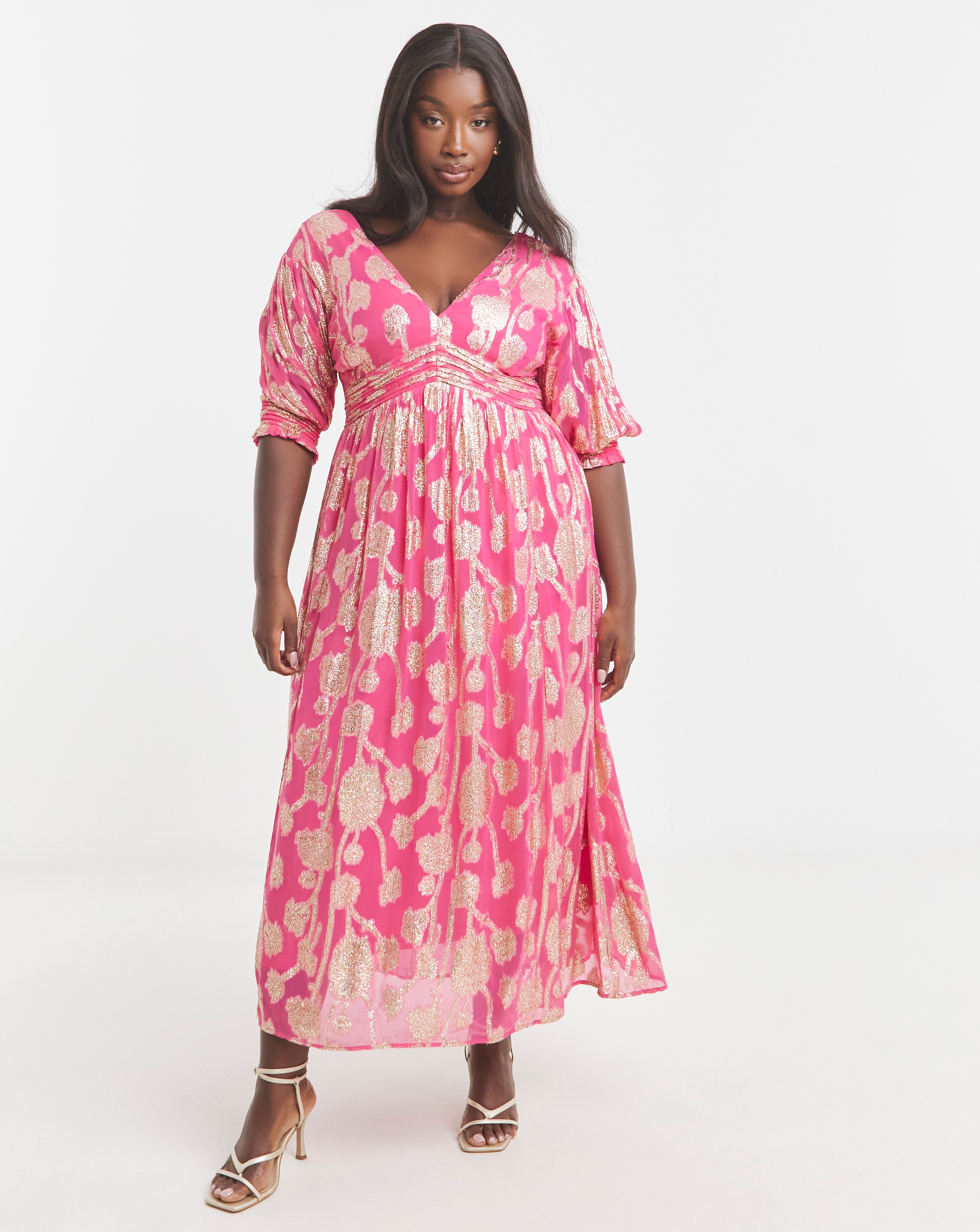 Simply Be Pink and Gold Jacquard Detail Maxi Dress | JD Williams