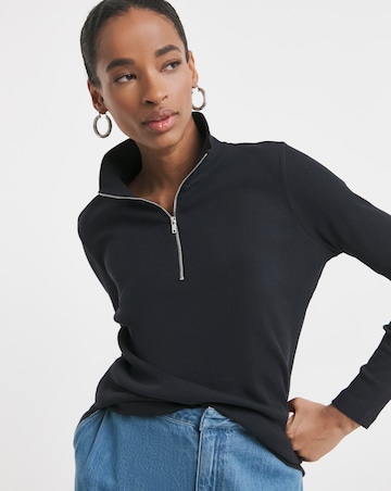 Pure Cotton Half Zip Long Sleeve Ribbed Top