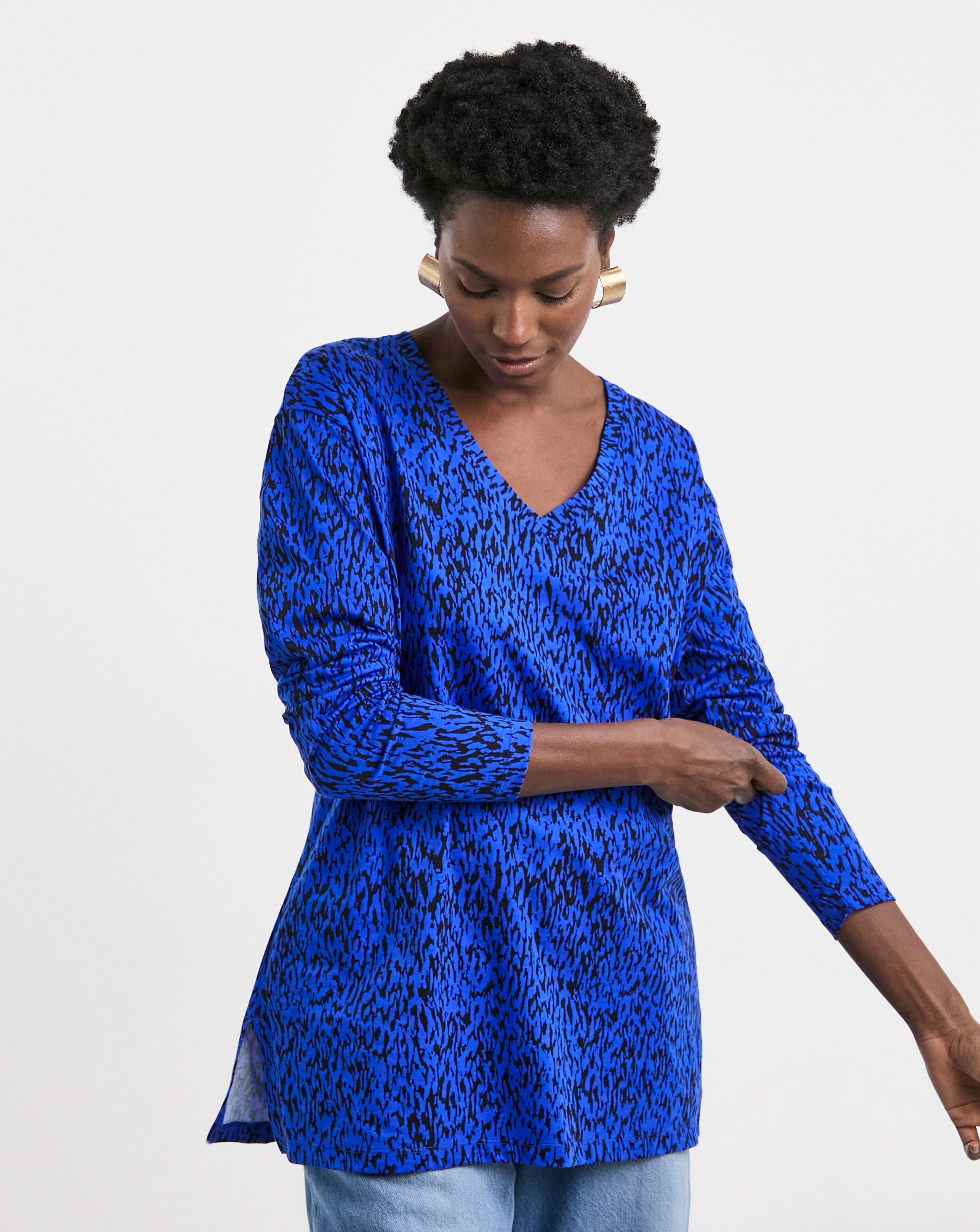 Pure Cotton Long Sleeve Slouch V-Neck Longline Top