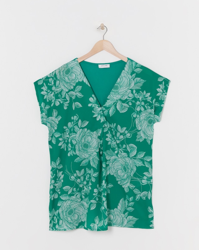 Green Floral Woven Front V-Neck Top