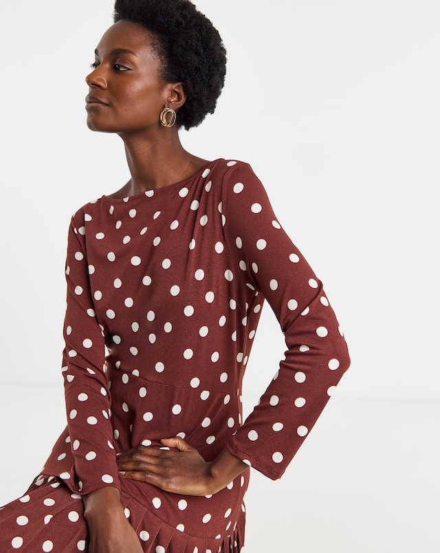 Spot Print Textured Jersey Pleated Dress