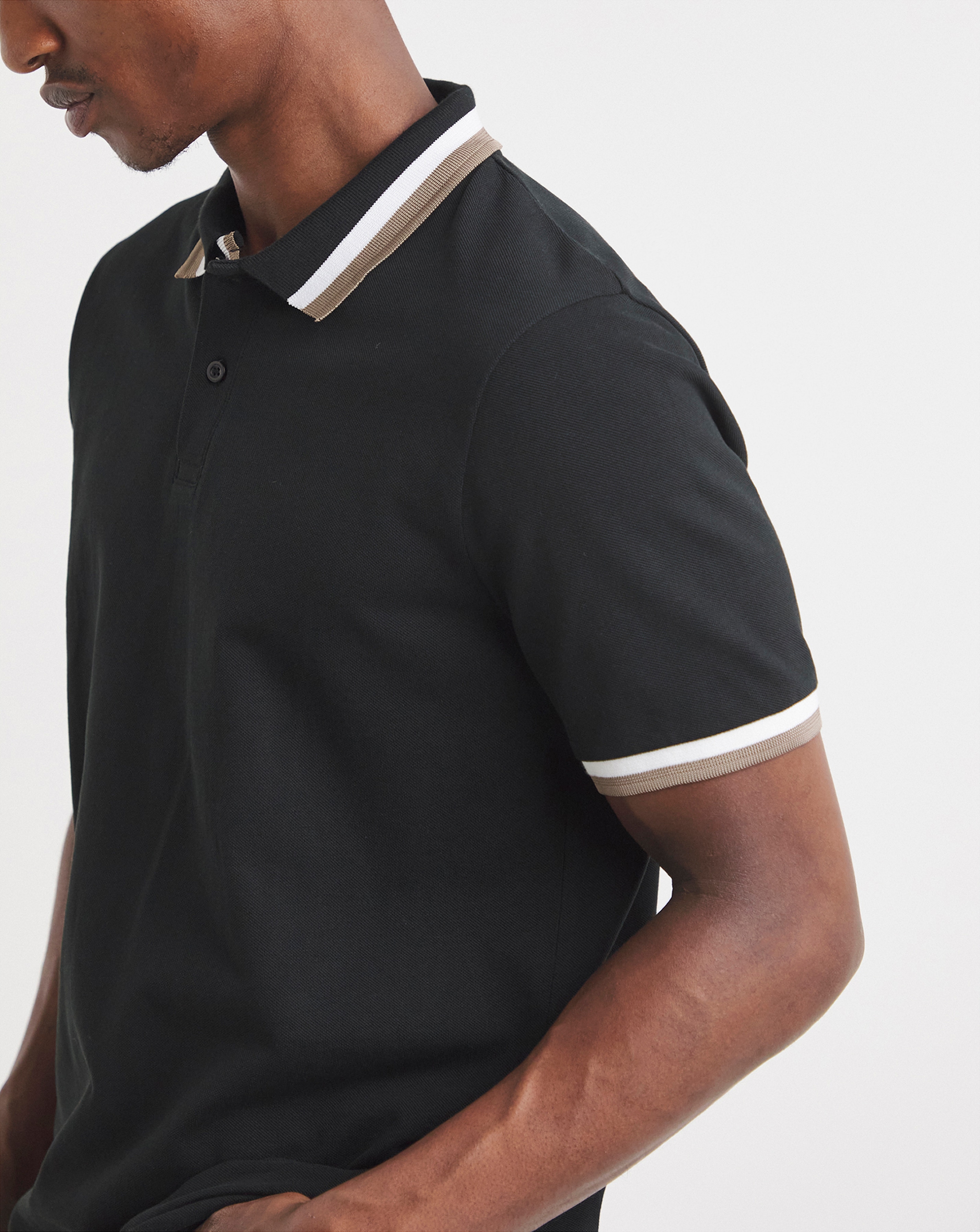 Tipped Pique Polo Long Length-Black | JD Williams