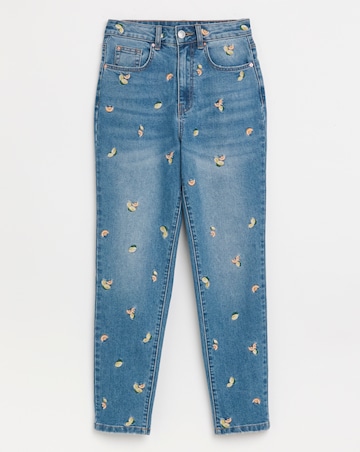 Simply Be Mid Blue Fruit Embroidered Slim Mom Jeans