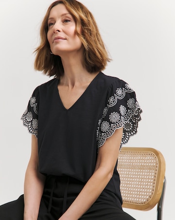 Black Broderie Contrast Sleeve V Neck Top