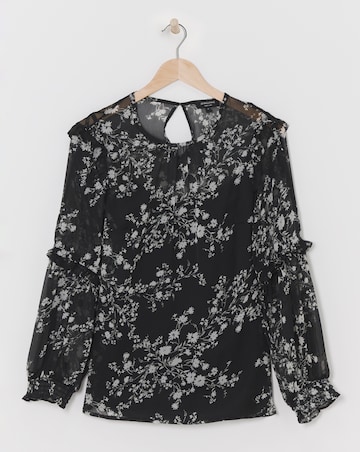Mono Print Volume Sleeve Cold Shoulder Top