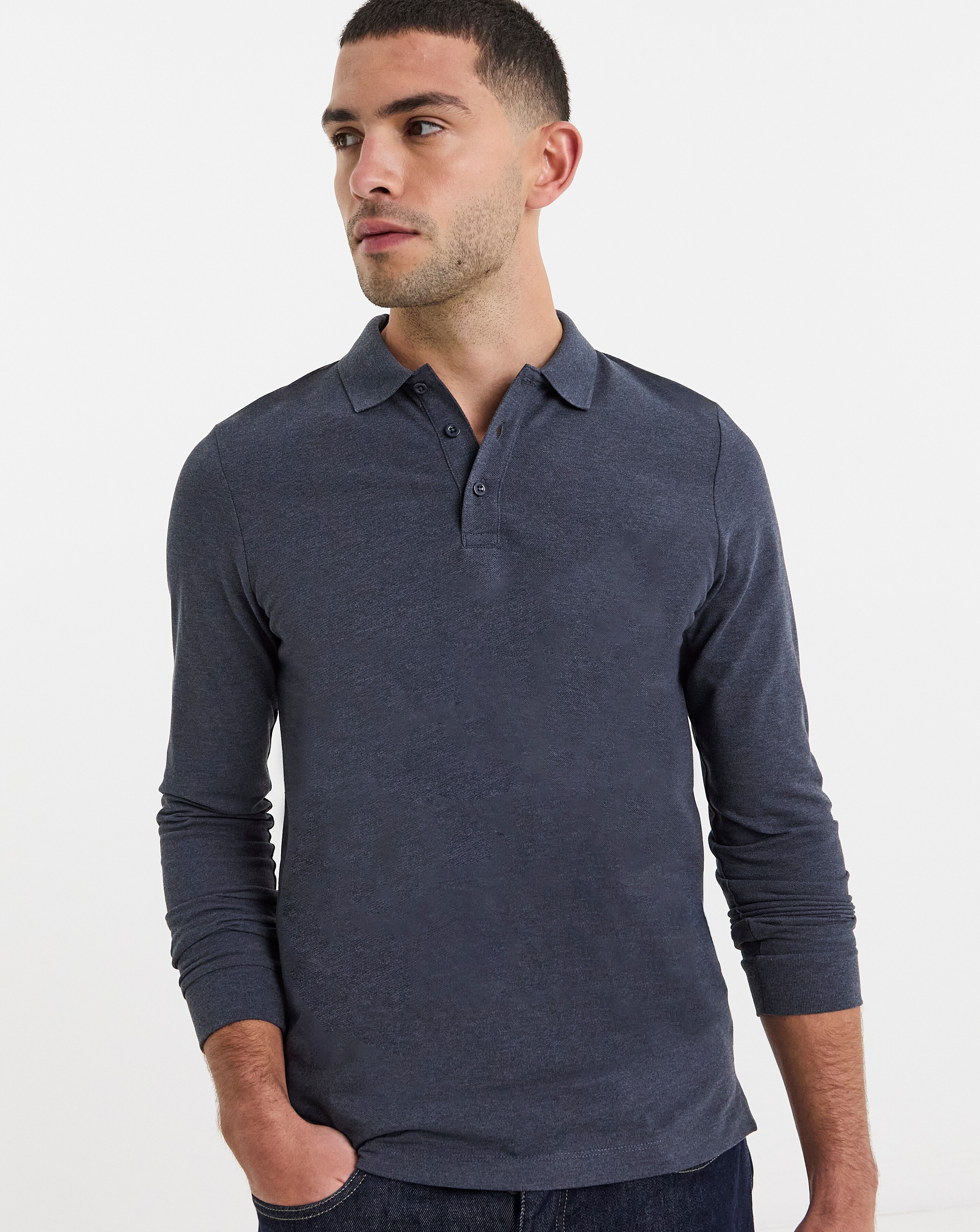Long Sleeve Pique Polo- Denim Marl