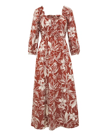 Linen Mixed Sundress With Puff Sleeves