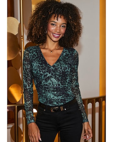 Sosandar Green Animal Mesh V Neck Top