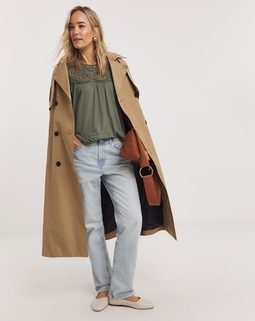 Khaki Broderie Yoke Angel Sleeve Longline Top