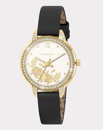 Radley Gold Plated Stone Set Black Leather Strap Watch