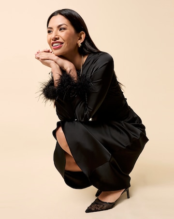 Little Mistress Black Satin Feather Trim Sleeve Midaxi Dress