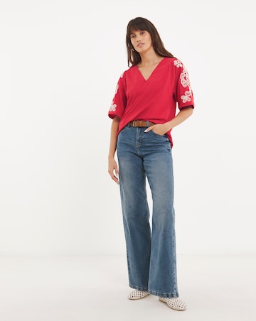 Pure Cotton V Neck Embriodered Sleeve Top