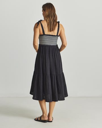 Contrast Stitch Shirred Midi Beach Dress