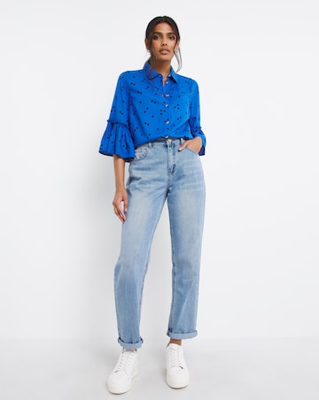 Blue Spot Short Sleeve Frill Cuff Shirt