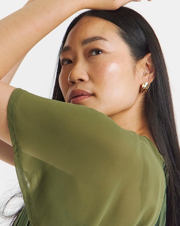 Khaki Pleated Angel Sleeve Longline Top