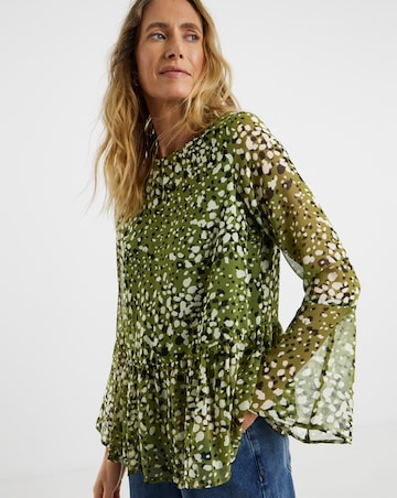 Georgette Collarless Trumpet Sleeve Peplum Blouse