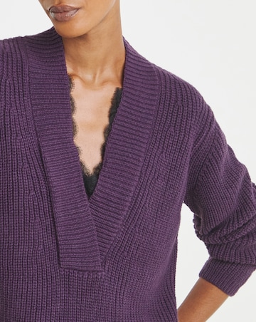 Plum V Neck Lace Trim Jumper