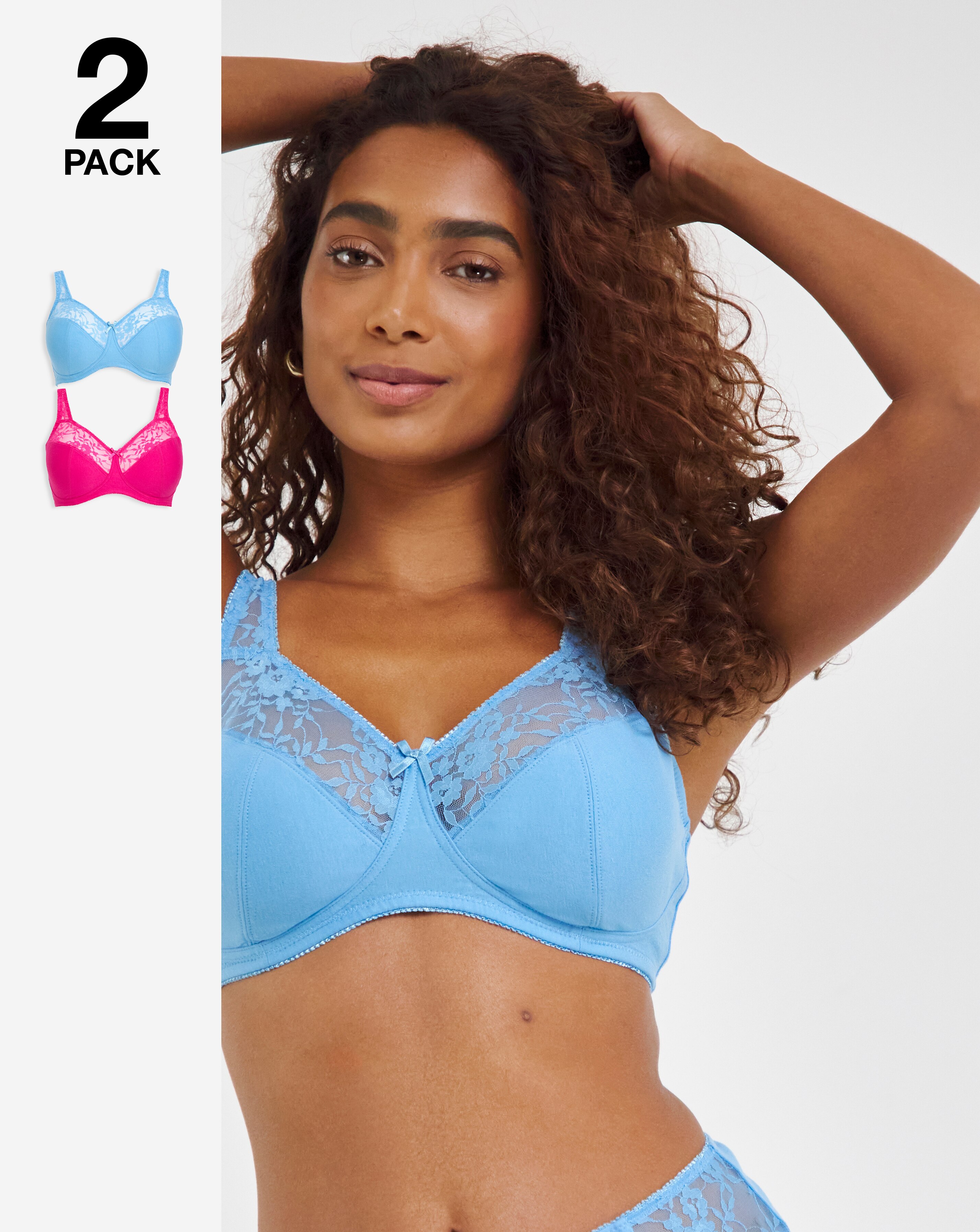 Pretty Secrets (2 Pack) Cotton Lace Non Wired Full Cup Bras (B-G) Pink/Blue