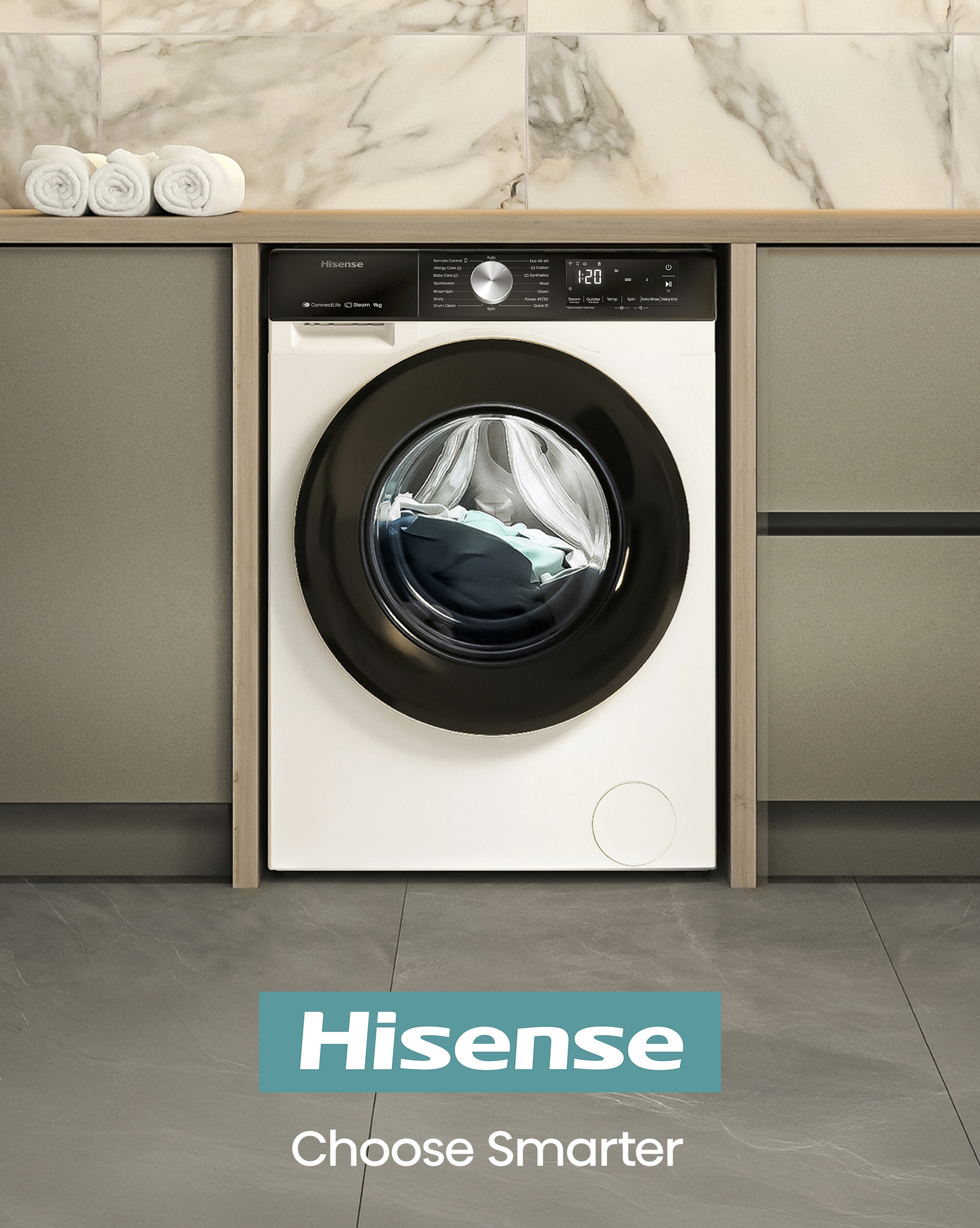 A Hisense washing machine in a kitchen.
