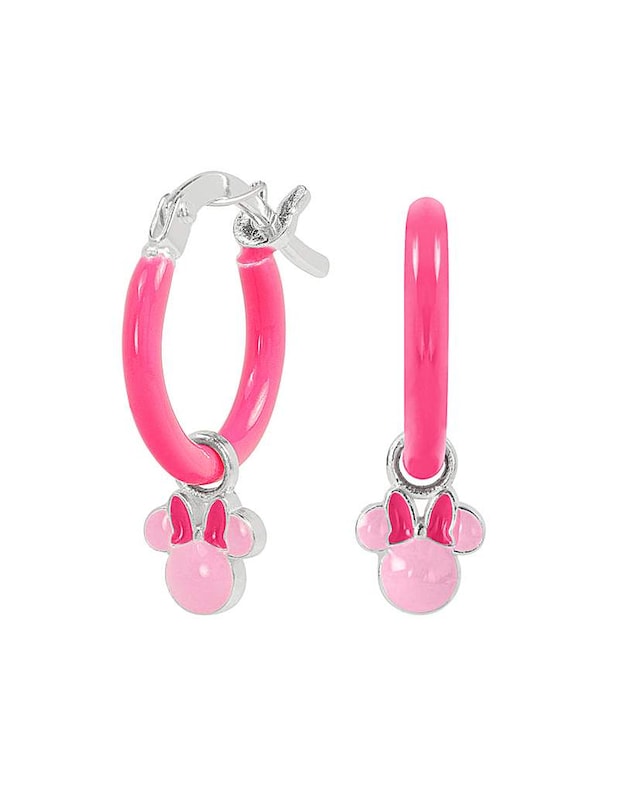 Sterling Silver Minnie Mouse Pink Enamel Huggie Earrings