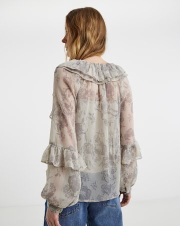 Womens Chiffon Ruffle Detail Blouse - Cream Floral