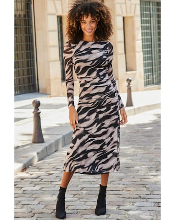 Sosandar Neutral Textured Print Mesh Dress