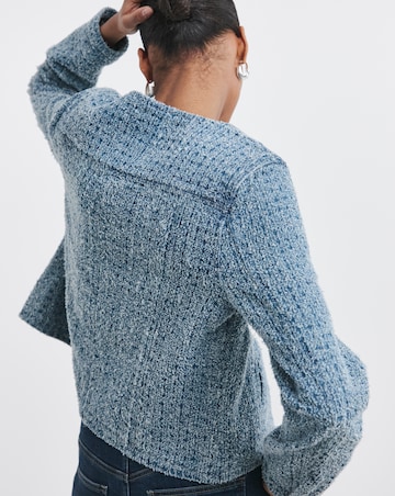 Fitted Collarless Boucle Textured Denim Jacket