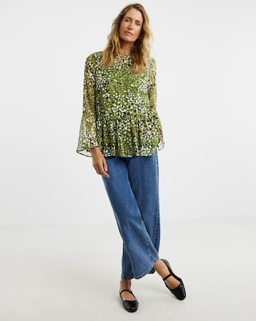 Georgette Collarless Trumpet Sleeve Peplum Blouse