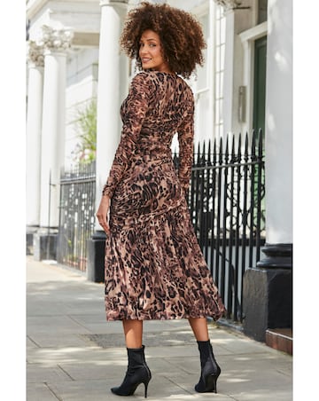 Sosandar Leopard Mesh Ruched Midi Dress