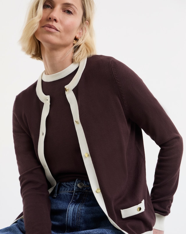 Fine Knit Chocolate Contrast Tipping Crew Neck Cardigan