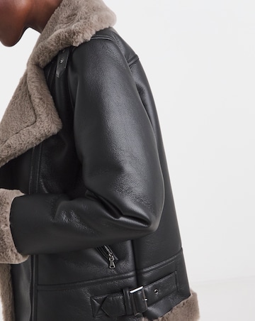 Black Contrast Faux Fur Lined Aviator Jacket