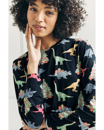 Chelsea Peers Jersey Crew Neck Christmas Dinosaur Print Pyjama Set