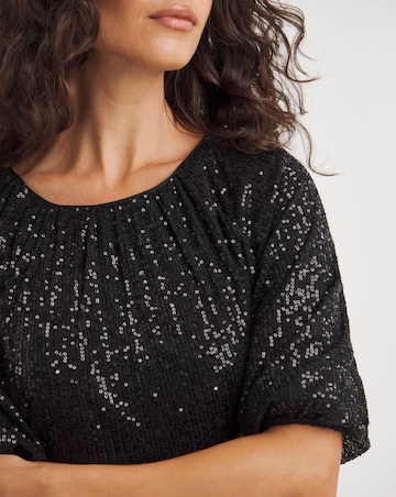 Linear Sequin Puff Sleeve Midi Dress