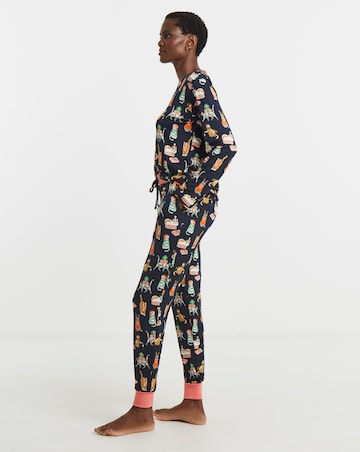 Chelsea Peers Jersey Crew Neck Christmas Cat Print Pyjama Set