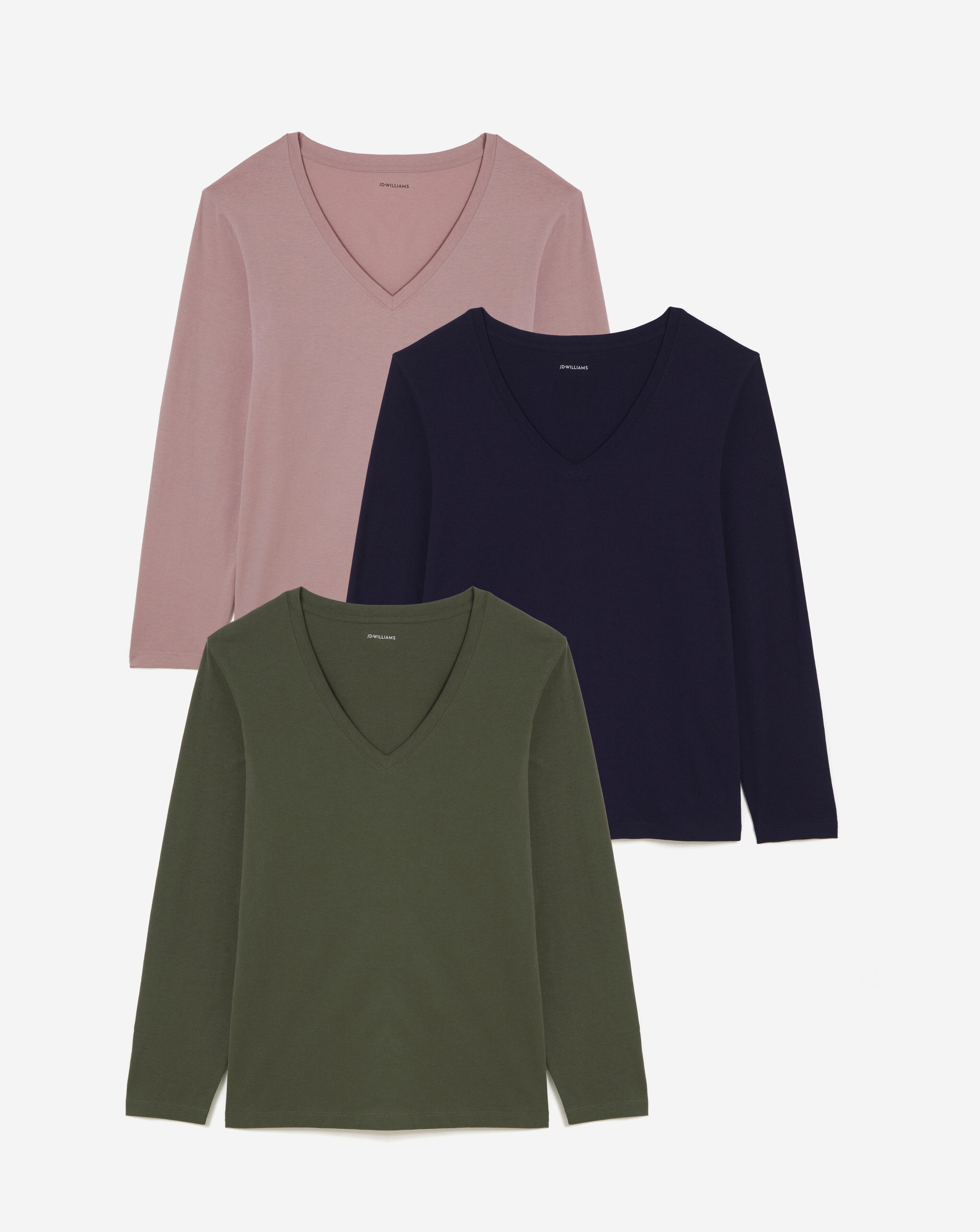 Pure Cotton 3 Pack Long Sleeve V Neck Tops | JD Williams