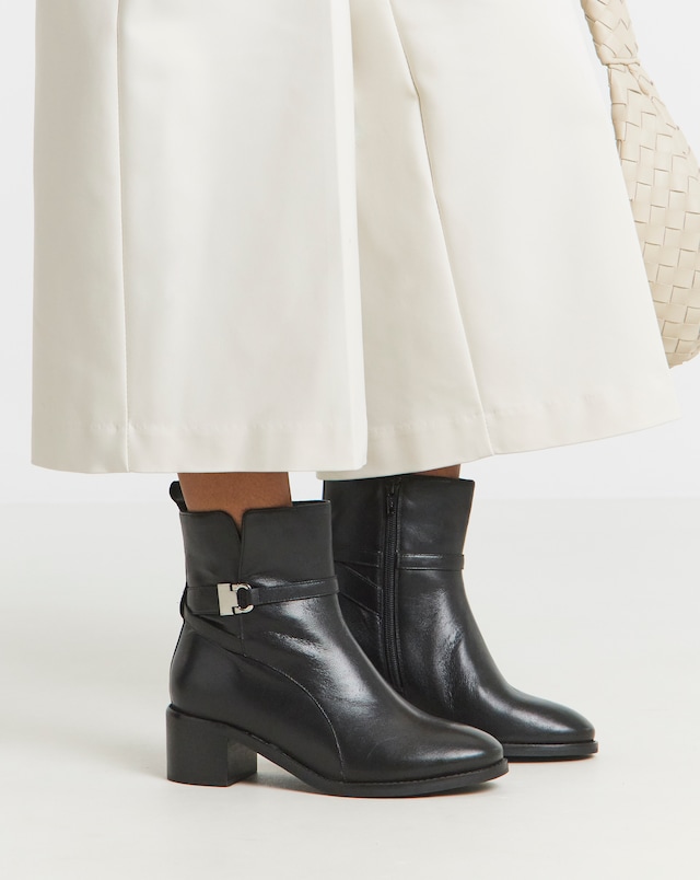 Miriam Low Block Heel Leather Ankle Boots with Trim - Wide Fit (E)