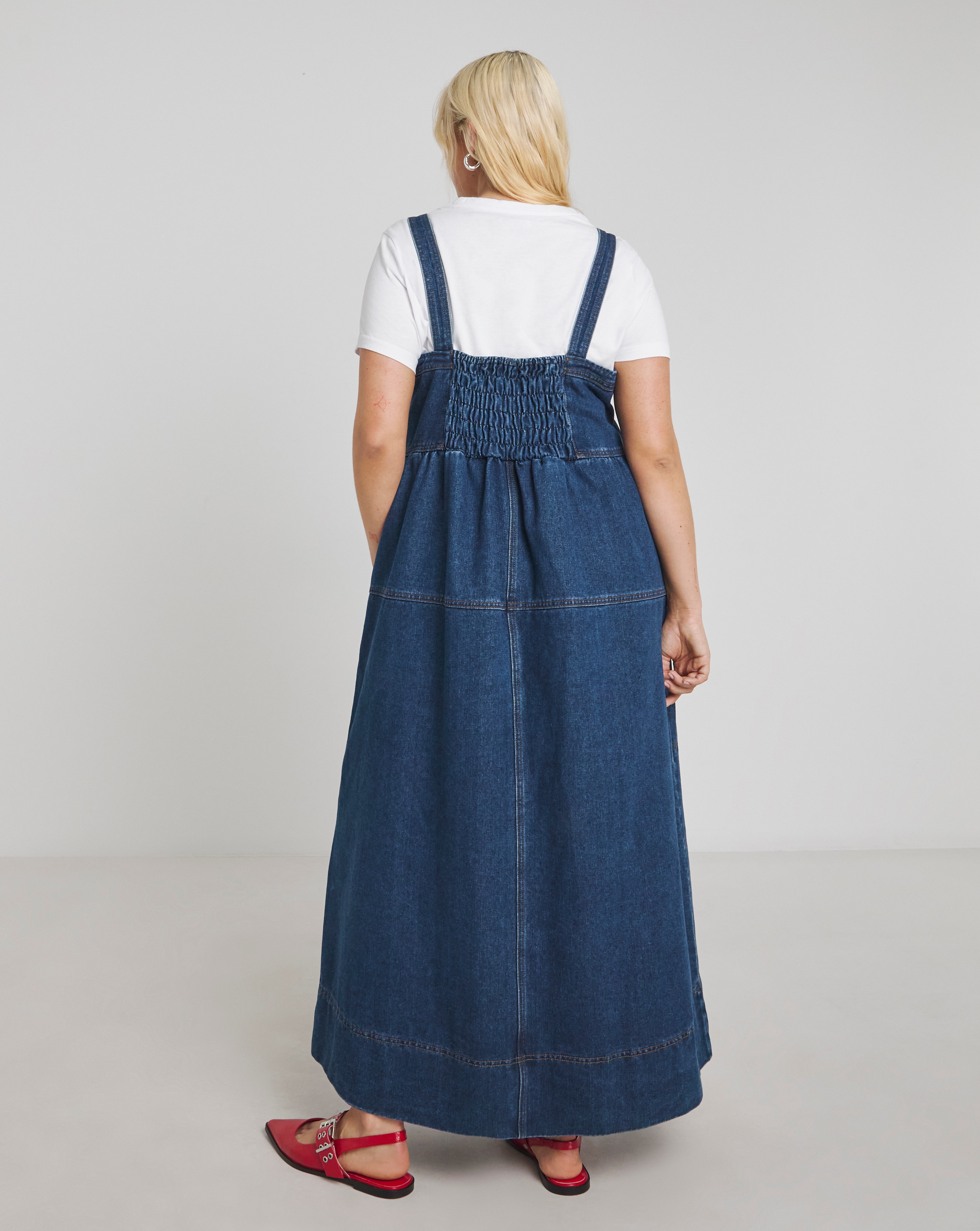 Simply Be Mid Blue Denim Covered Buckle Dungaree Midaxi Dress | JD