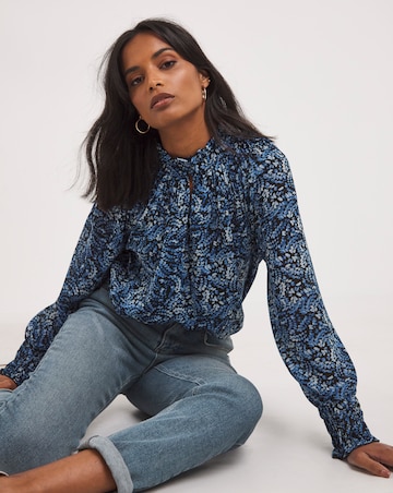 Blue Print Sheer Shirred Yoke Blouse With Shirred Cuffs