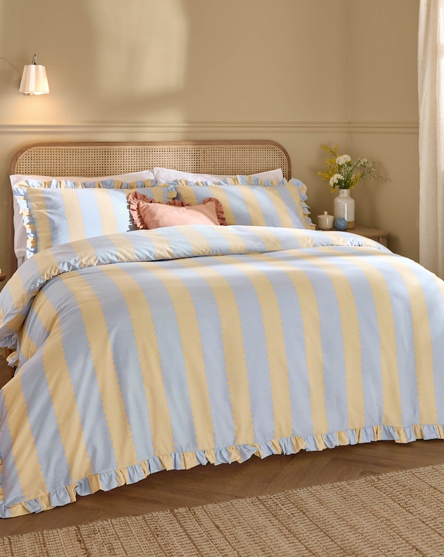 Wylder Birdie Stripe Cotton Blend Ruffle Duvet Set