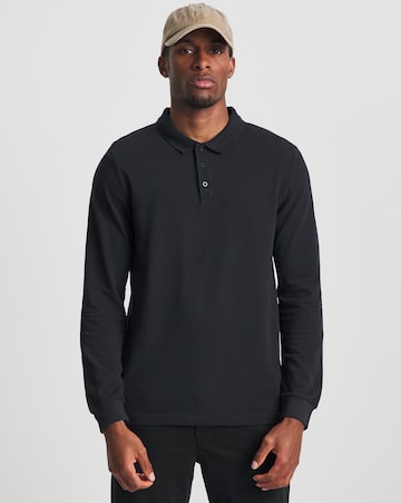 Pure Cotton Long Sleeve Pique Polo Long Length- Black