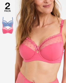 Pretty Secrets (2 Pack) Rachel Embroidered Balcony Wired Bras (B-G) Pink/Blue