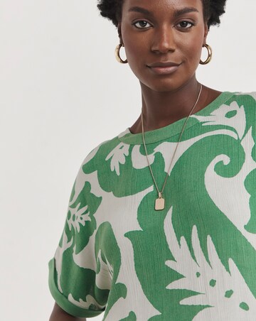 Printed Woven Front Curved Hem Longline Top