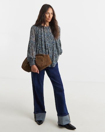 Womens Georgette Collarless Blouson Sleeve - Blue Abstract