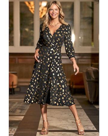 Sosandar Black Gold Foil Print Fit and Flare Midi Dress