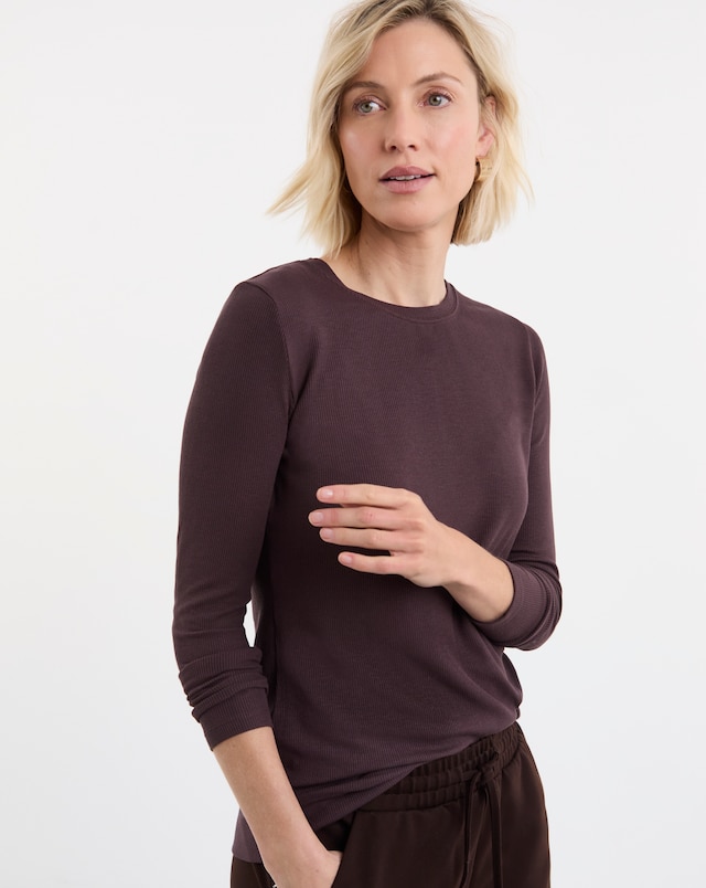 Chocolate Ribbed Crew Neck Long Sleeve Top
